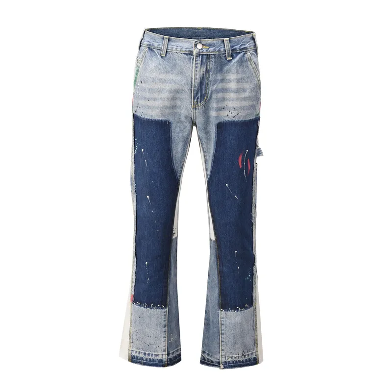Vintage Flared Jeans for Men Y2k Streetwear Frayed Bell Bottom Baggy Hip Hop Graffiti Colorblock Slim Fit Jeans Pants Man Black