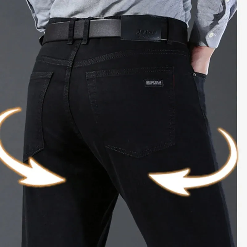 Men Classic Advanced Fashion Brand Pure Black Jeans Man Soft Breathe Stretch Slim Straight Denim Trousers Mens Pants Overalls