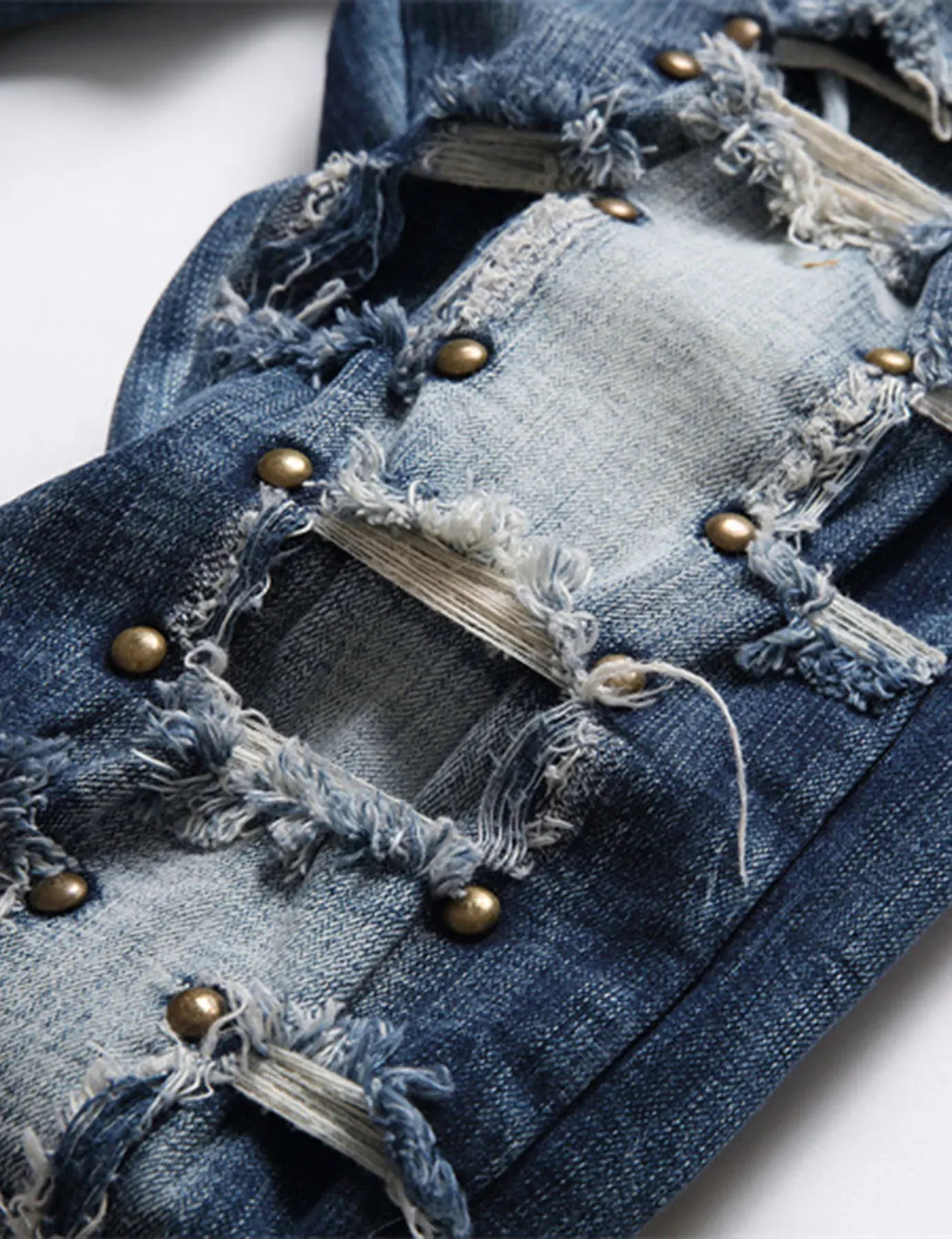 New punk men's jeans with nail beads multiple holes patchwork beggar style men's fashion street personality small straight