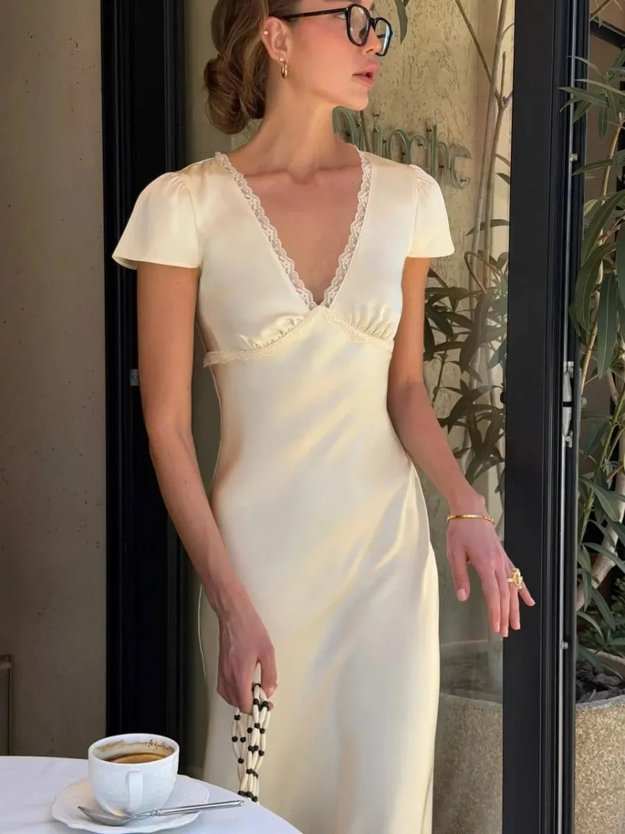 Chic Satin Lace Trim Midi Dress For Women Solid Patchwork Short Sleeve V-neck Summer Dresses 2026 Elegant Summer Holiday Gown