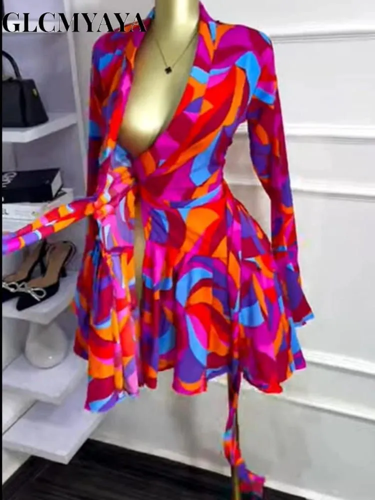 Robe portefeuille à manches longues évasée pour femmes, imprimé Tie and Dye, col en v, avec ceinture, à volants, élégante, robes de fête d'anniversaire, de vacances, 2026