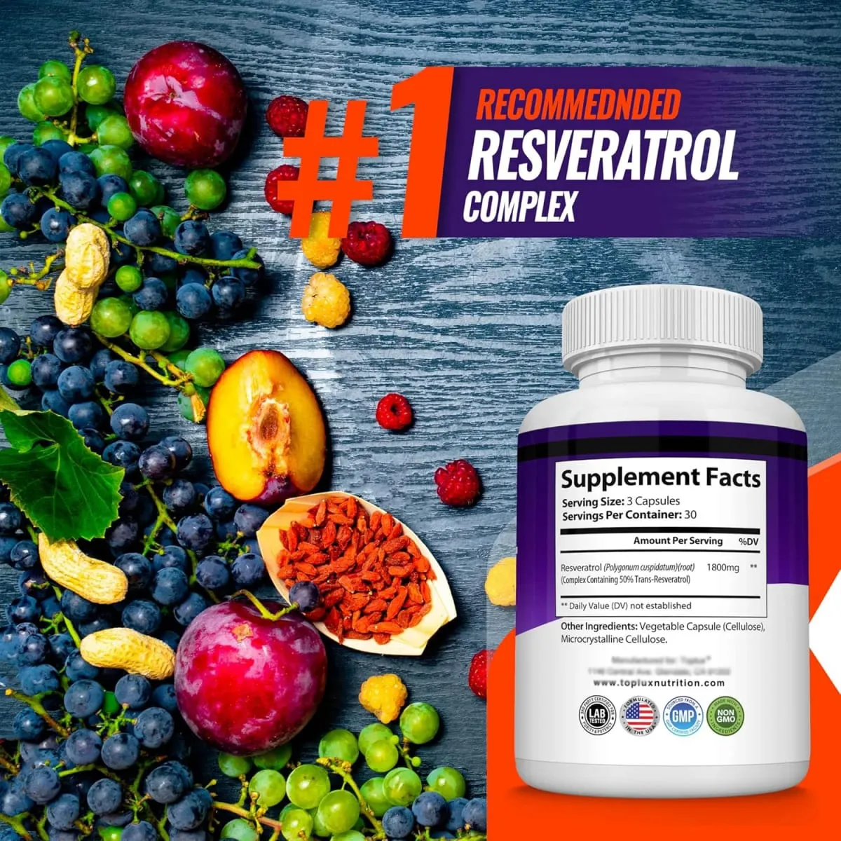 Resveratrol Complex 1800mg Capsules Antioxidant Complex Trans Resveratrol Supplement for Men Women | Non-GMO Gluten Free