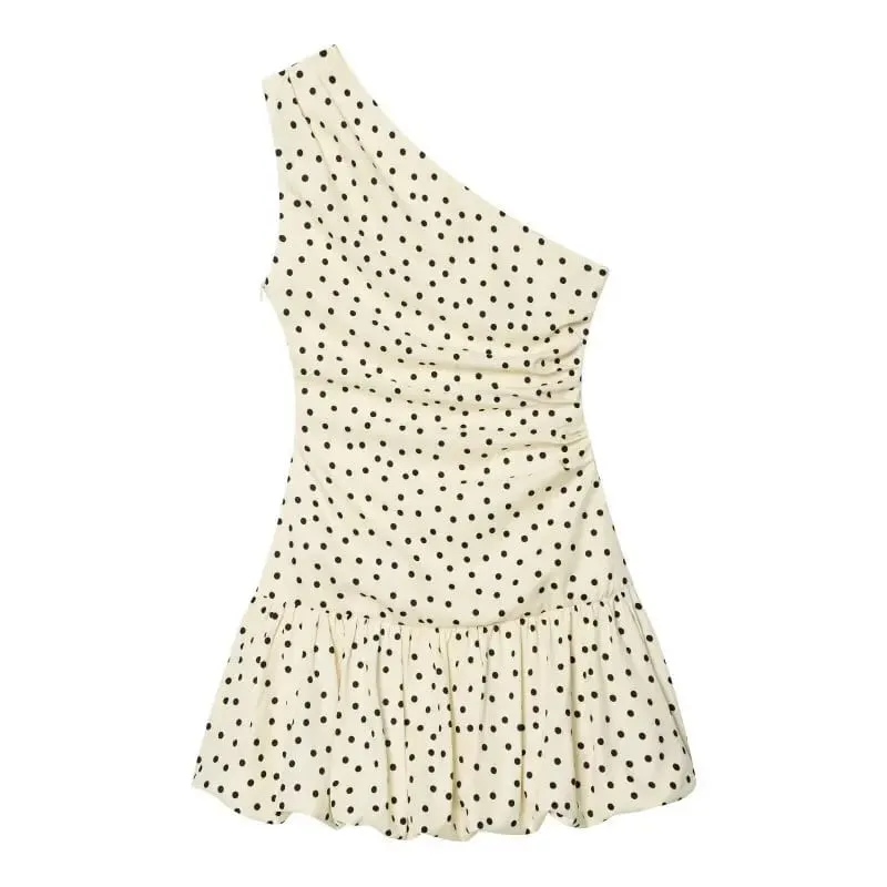Women One Shoulder Sleeveless Polka Dot Mini Dress Ruched Waist Ruffle Hem Elegant Casual Party Short Dress Spring Summer