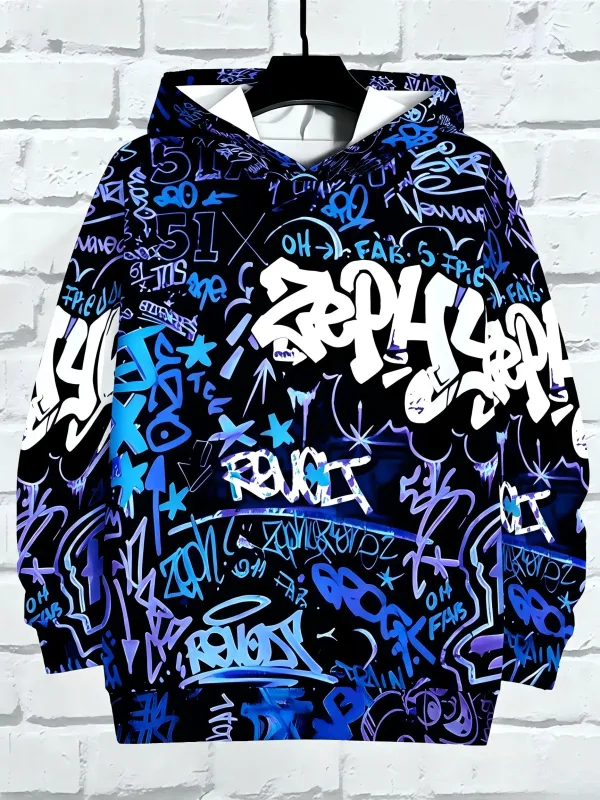 Europäische und amerikanische Herren Herbst Gothic Letter Graffiti Print Weiches und bequemes Kapuzenpullover Outdoor Street Top