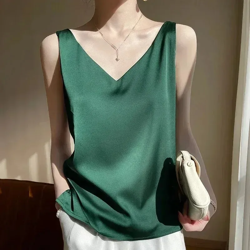 女性 Tシャツエレガントなシルクサテンブラウスノースリーブ女性の夏のカジュアルルーズタンクとキャミソール固体グリーントップス女性のための — image 12