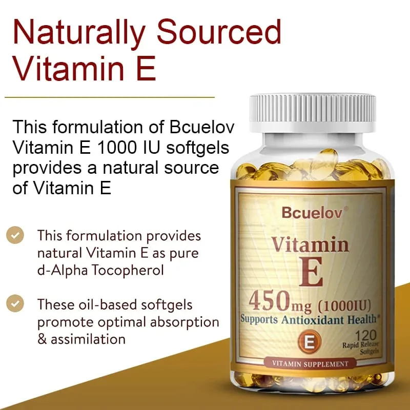 Bcuelov Vitamin E 1000 IU 450mg - for skin hair circulatory health immune system support - antioxidant supplement