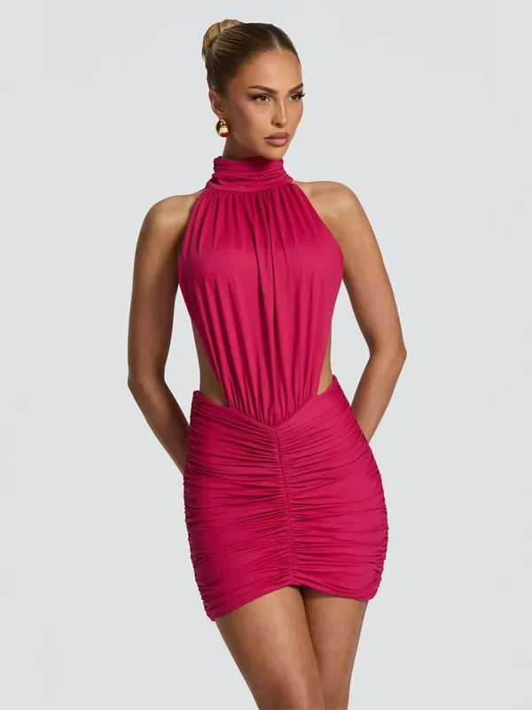 Chic Sleeveless Pleated Slim Mini Dress Women Sexy Solid Backless Hollow Out Round Collar Dresses Lady Evening Party Vestidos — image 10