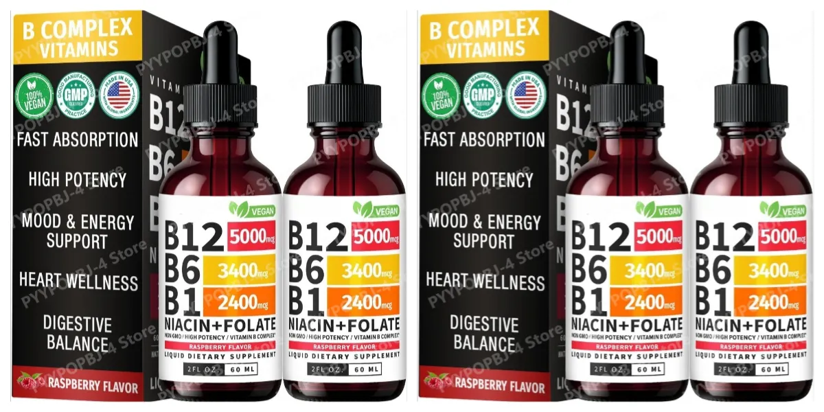 Vitamin B12 B6 Liquid Drops 60ml B Complex with B1 Niacin Folate Raspberry Vegan Daily Wellness Supplement 40 Servings Adults