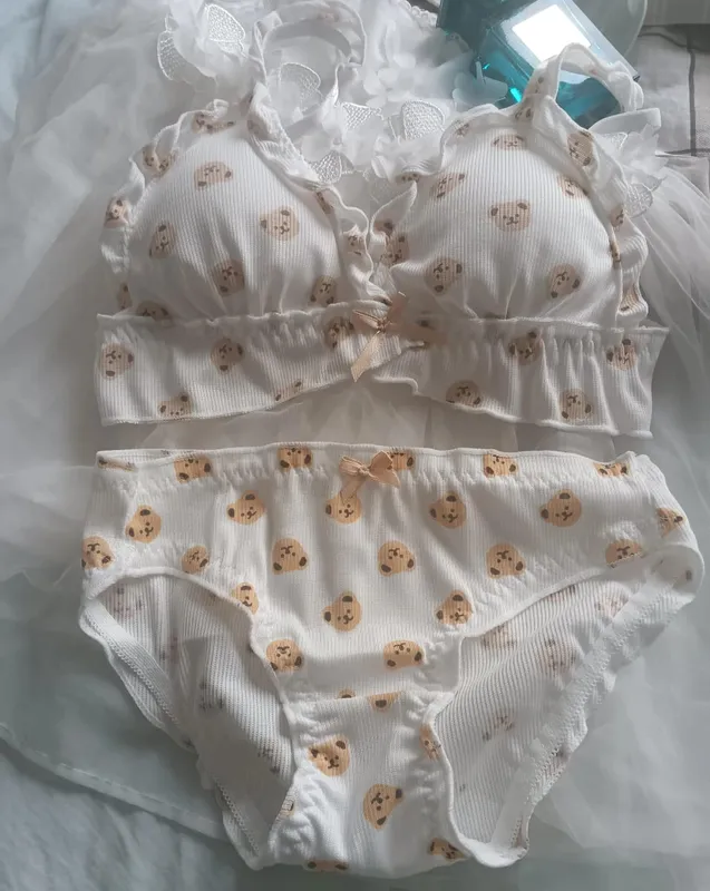Japan Cute Girl Bear Bra Cartoon Cute Girl Without Steel Ring Anti-Sagging Sweet Ruffled Bow Bra Set as Well as Bra Single Piece