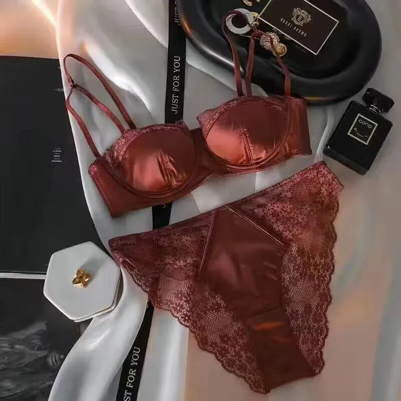 European -American sexy satin half cup comfortable upper support underwear set thin with steel ring green lace edge glossy bra