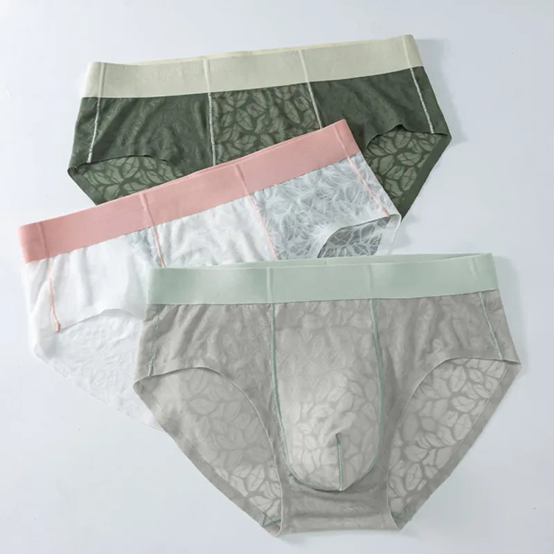 Männer Eis Seide Ultra-dünne Kurze Unterwäsche Nahtlose Spitze Jacquard Atmungsaktive Höschen 3D Ausbuchtung Beutel Transparent Mesh Dessous