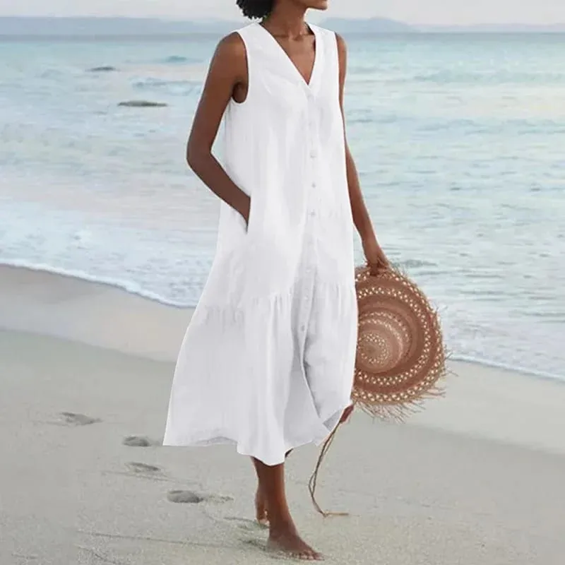 Summer Loose Casual Patchwork Cotton Linen Pocktes Dress V Neck Beach Style Dress Sleeveless Vintage Club Midi Solid Women Dress — image 9