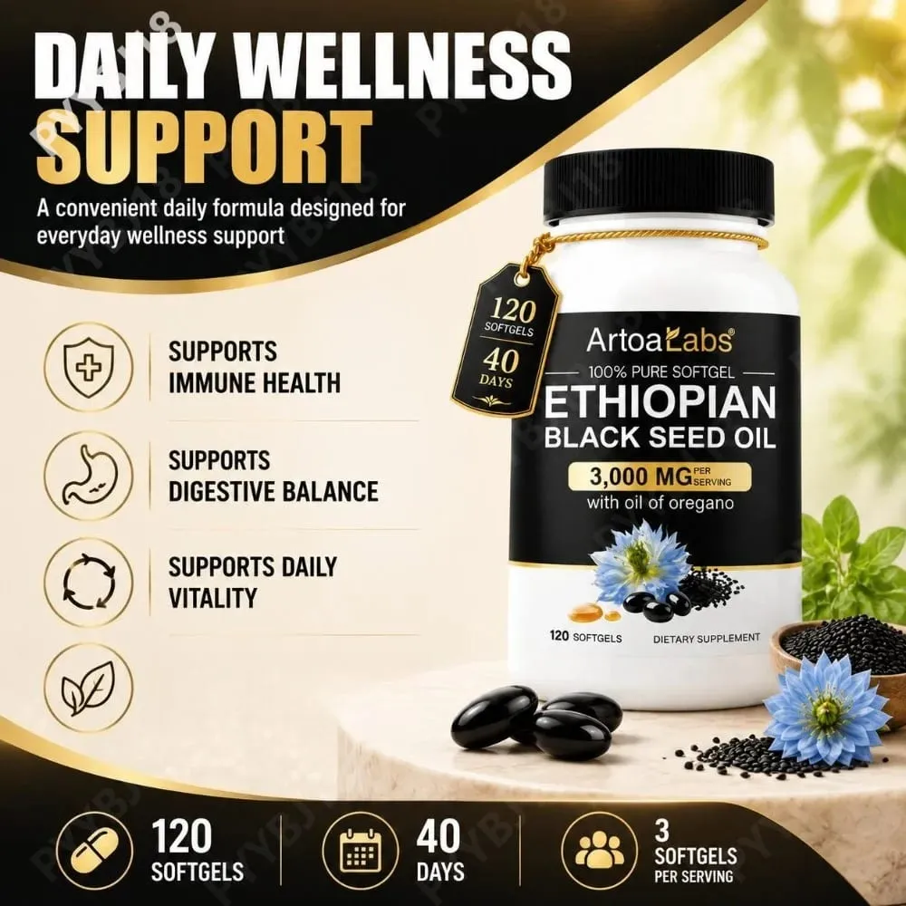 Ethiopian Black Seed Oil 3000mg Softgels with Oil of Oregano Supports Immune Health Digestive Balance & Daily Vitality 120 Count