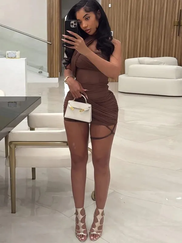 Kliou ตาข่ายไม่สม่ำเสมอผู้หญิงชุดมินิเซ็กซี่ Slash คอแขนกุด Hollow Slim Vestidos Mujer ที่สวยงามปาร์ตี้ Clubwear — image 6