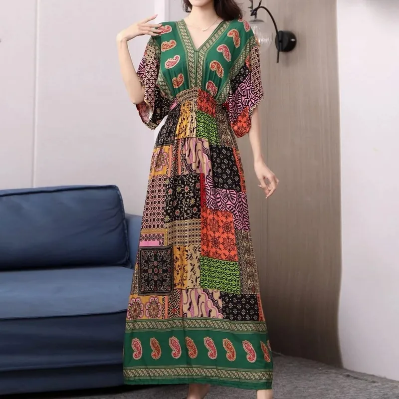 Casual Elegant Retro Bohemian National Style V-neck Elastic Waist Large Swing Printed Summer Long Skirt Woman Dress Clothes