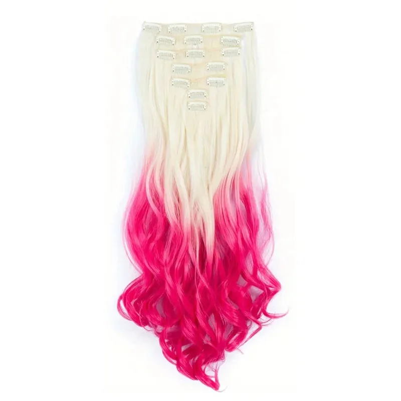 Clip in Hair Extensions Ombre Color Synthetic 7pcs Set Wavy Curly Hairpieces Black to Purple For Women Girls