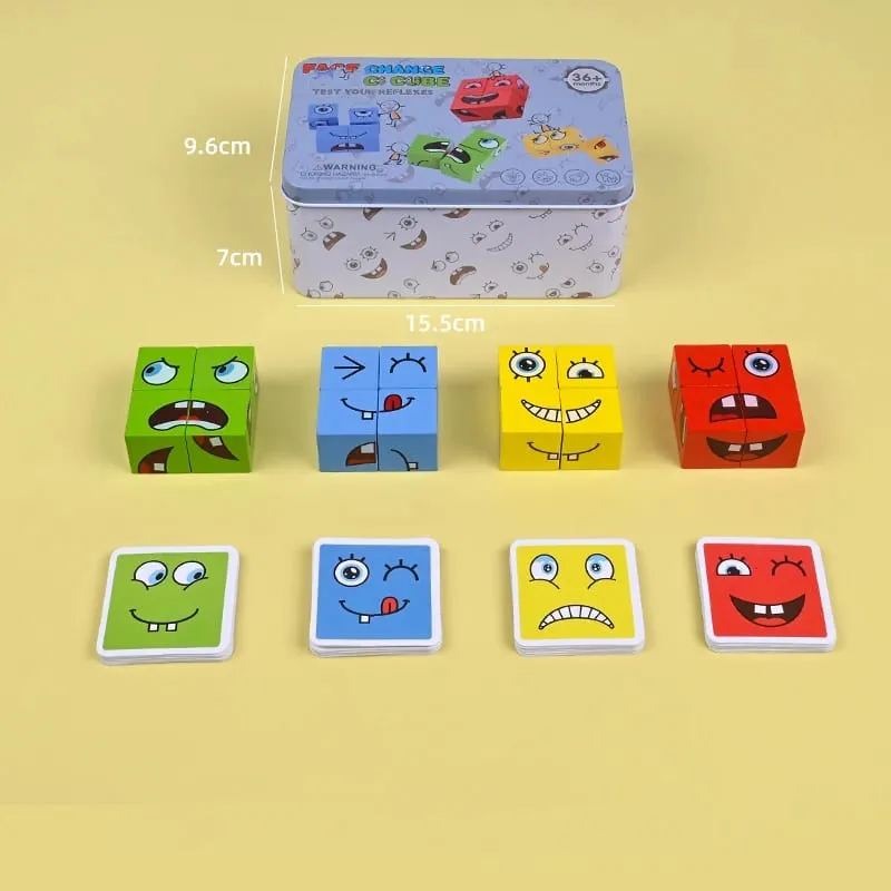 Large Learning Educational Toy Set Cards Emoticon Puzzle Face Change Cubes Wooden Toys Building Blocks Game For Children Kids