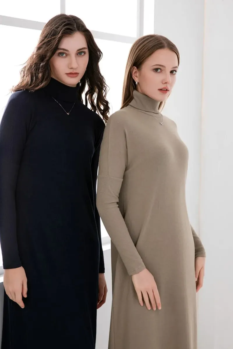 AS 2024 musim sejuk turteneck menebal ribbing dress lembut dan selesa asas turn-down collar maxi dress (Hantar keluar dalam 1 hari)