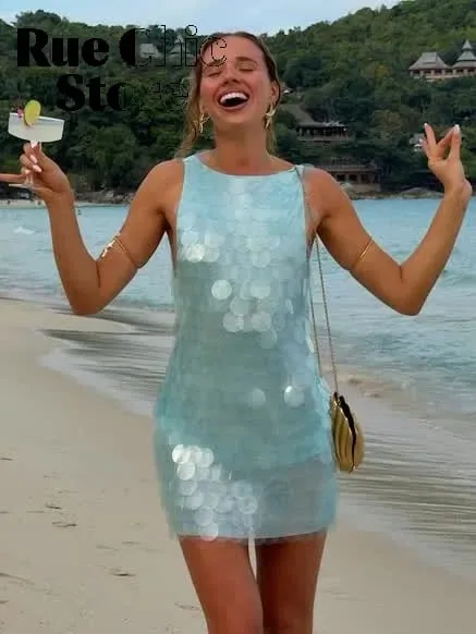 Sexy Pailletten Backless Mouwloze Jurk Vrouwen Chic Hoge Taille Bodycon Sling Mini Jurken 2026 Lady Strand Vakantie Party Club Wear
