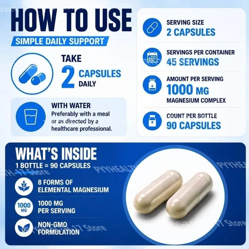 Nutrition Magnesium Complex Capsules 8-Form Elemental Magnesium Supports Healthy Body Functions 1000 Mg 90 Capsules