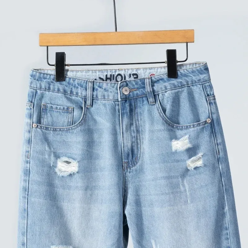 Summer Thin Ripped Jeans Mens Straight Breathable Washed Denim Trousers Casual Streetwear Harlen Ankle Length Pants Light Blue — image 4