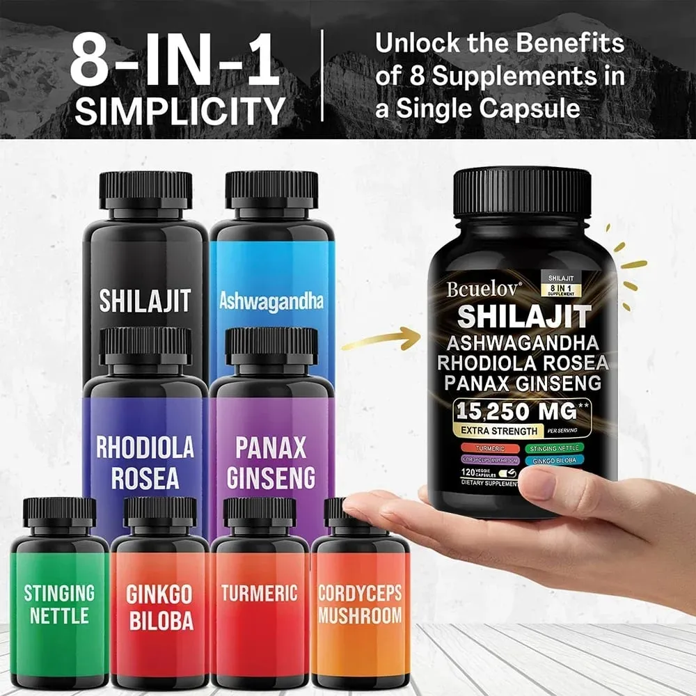 Shilajit 9000 Ginseng 1500MG Ashwagandha 2000MG - 8'i 1 Arada Doğal Bitki Kompleksi Ekstraktları Enerji Bağışıklık Kas Gücü Sağlar