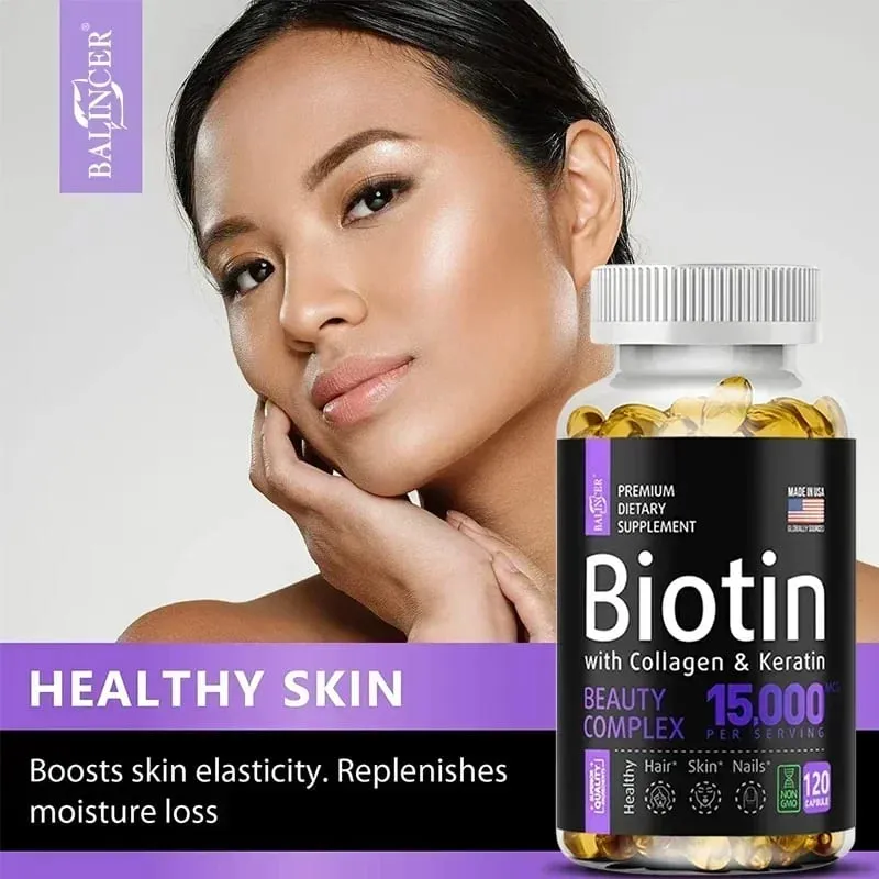 Biotin Supplement - 15 000 Mcg with Collagen and Keratin Vitamins Shiny Hair Skin and Nails Joint Health 30/60/120 Capsules