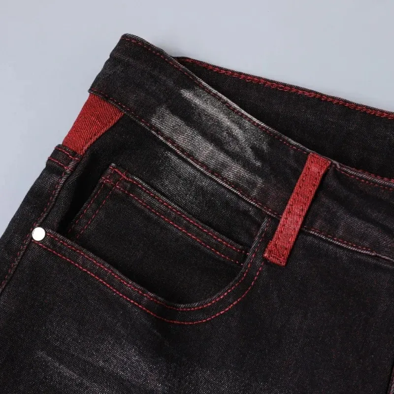 Men's Black Stretch Jeans for Spring and Fall Denim Pants with Red Ripped Details Asian Sizes 28–42.