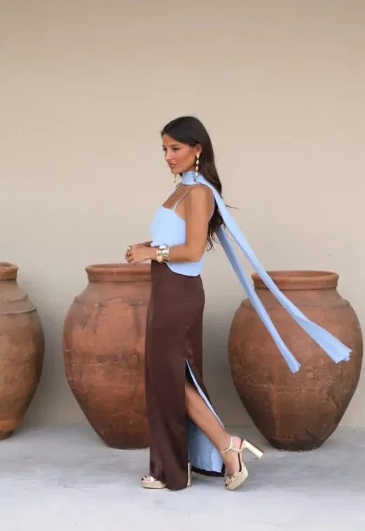 Color Blocking Scarf Collar Suspender Women Maxi Dress Spaghetti Strap High Split Floor Length Evening Dresses Lady Party Robes