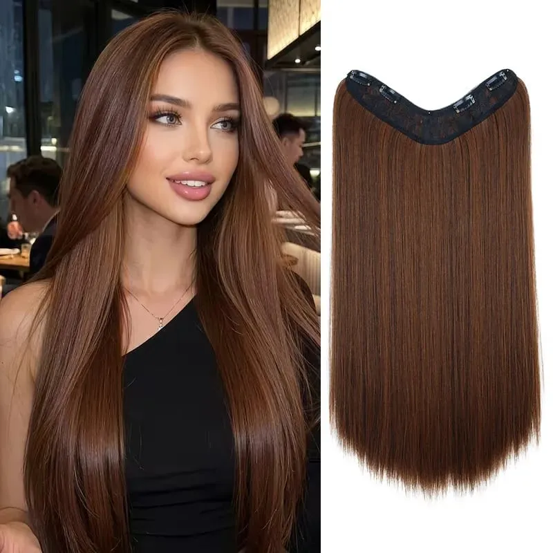 24Inch Synthetic 4-Clip V-Shaped Long Straight Hair Extension One Piece Heat-Resistant Fiber Hairpiece for Women Daily Use