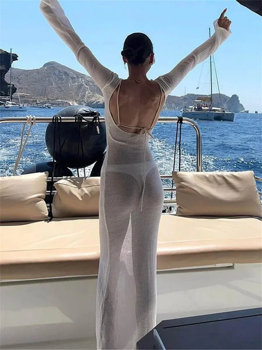 女夏網紗裹身洋裝長袖圓領透視防曬純色露背沙灘長裙