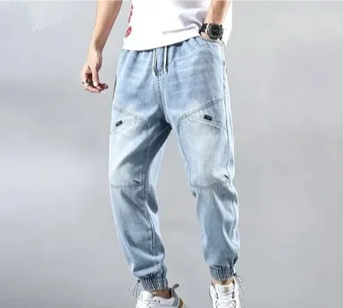 Street Elastic Jeans Men Denim Cargo Pants Wash Solid Color Multi Pockets Casual Mid Waist Trousers Daily Wear Joggers — image 3