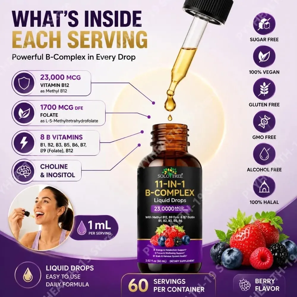 Tetes Cairan B-kompleks 11-In-1 Metil B12 Folat Biotin untuk Fokus Energi & Formula Pendukung Saraf Otak Dewasa 60Ml — image 6
