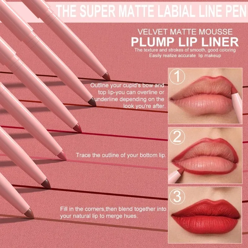 6pcs Lip Liner Pen Set Long-Lasting Waterproof Sweatproof Easy Coloring Non-fading Color Rendering Lip Gloss Set Beauty Makeup