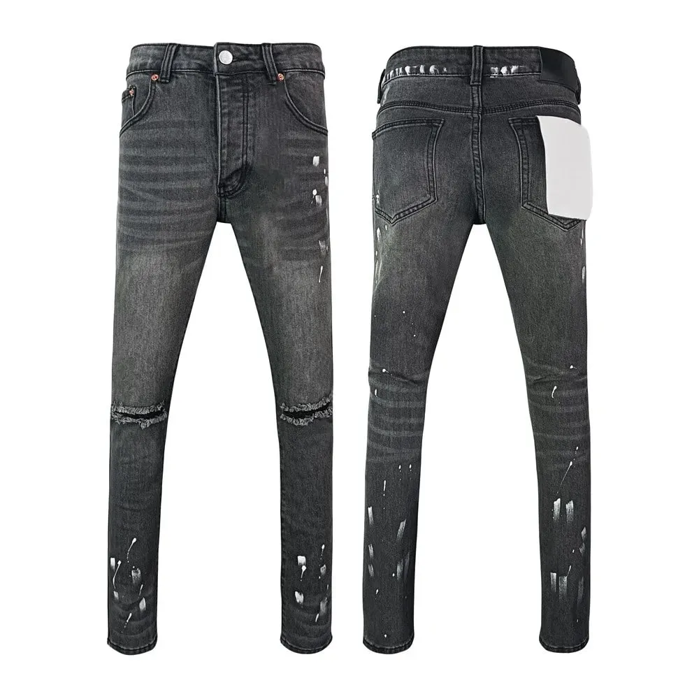 Jeans Men Fashion Classic style Retro Wash black paint Hole Repair Low Rise Stretch Skinny Pleated Ripped Frayed Jeans Trousers — image 17