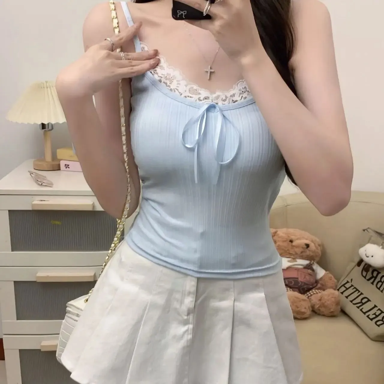 Sexy Patchwork Lace Trim Camis Top Sweet Casual Slim Solid V-Neck Sleeveless Cute Tank Tops Women 2025 Summer Streetwear Lady