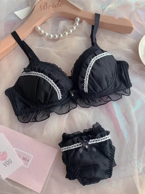 Set Bra Hitam Cincin Baja Besar V Dalam Anak Perempuan Jaring Cup Tipis Seksi dengan Cincin Baja Pakaian Dalam Wanita Celana Dalam Lingerie
