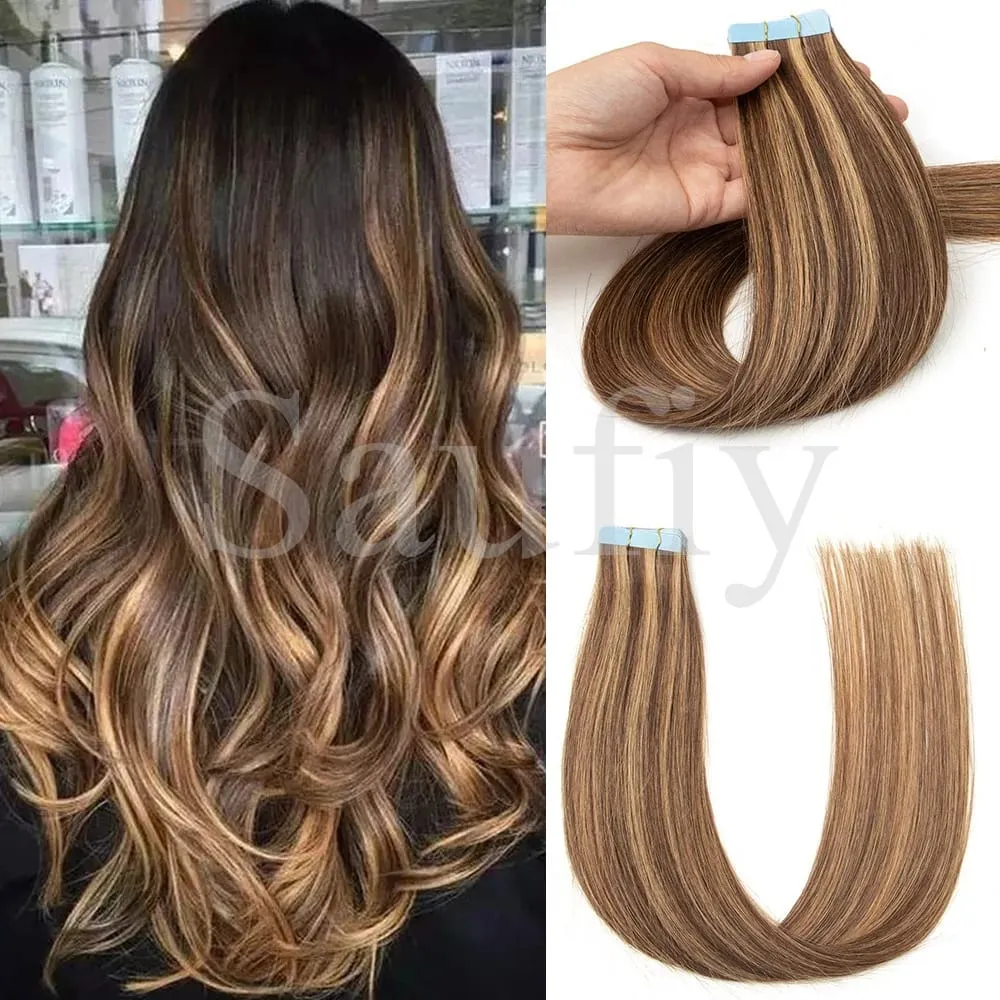 Blonde gerade Tape-In-Haarverlängerungen, Echthaar, 20 Stück/Packung, gerade, natürliches Schwarz, Blond, Braun, Tape-In-Haarverlängerungen, 12–20 Zoll, nahtlose doppelseitige Hauteinschlag-Tape-In-Haarverlängerungen für Frauen