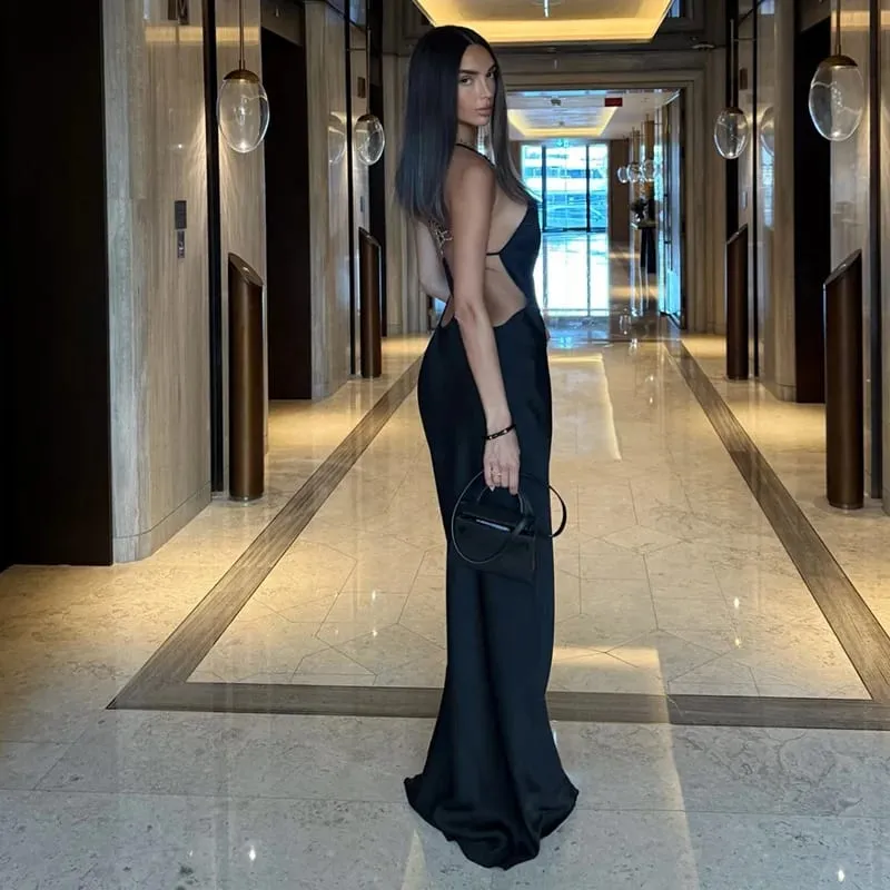 Cryptographic วันหยุดชุดลำลองของผู้หญิงเซ็กซี่ Socialite สไตล์ยาว Rhinestone Decor Slim Solid Backless ผู้หญิง Gowns