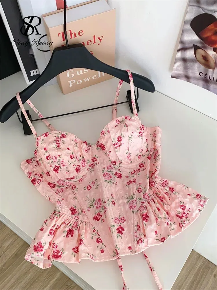 French Corset Print Beach Tank Top Female Strap Irregular Slim Hotsweet Camis Streetwear Vacation Bohe Sexy MIni Top — image 2