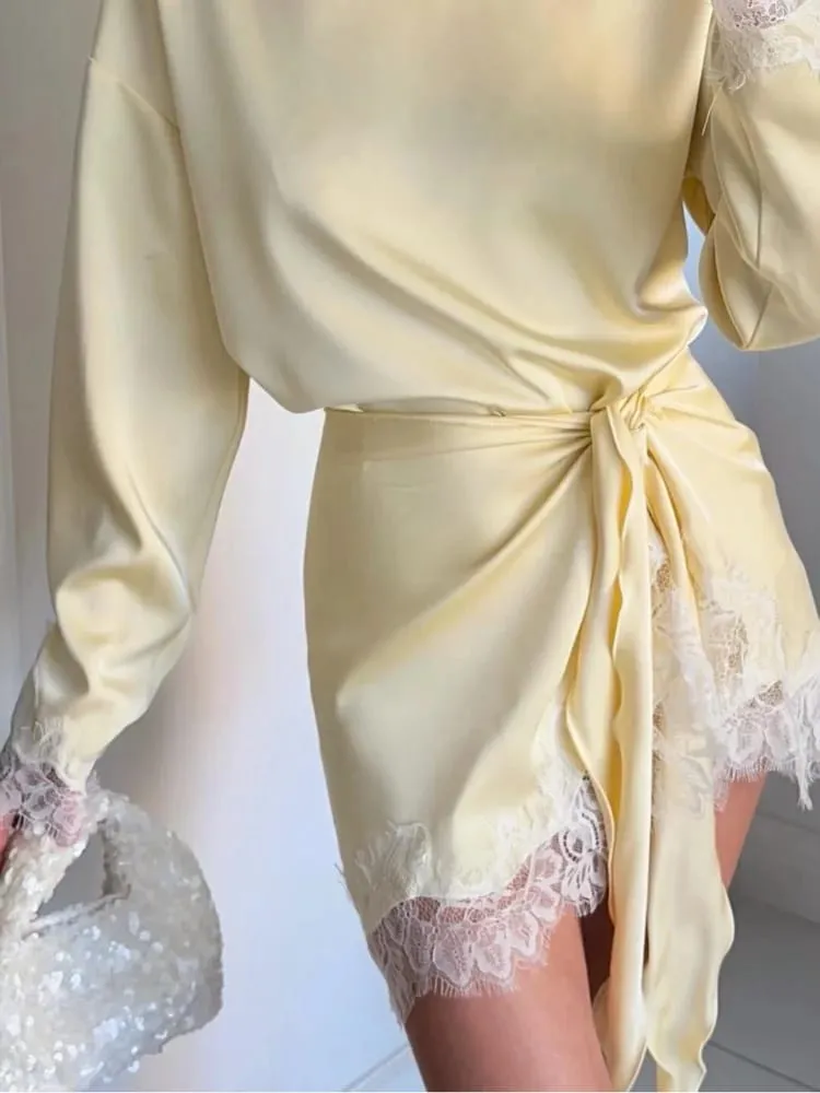 Satin Lace Patchwork Dress Women Long Sleeve O-neck Casual 2026 Spring Female Dresses Casual Solid Beach Robe Not Contain Pearls