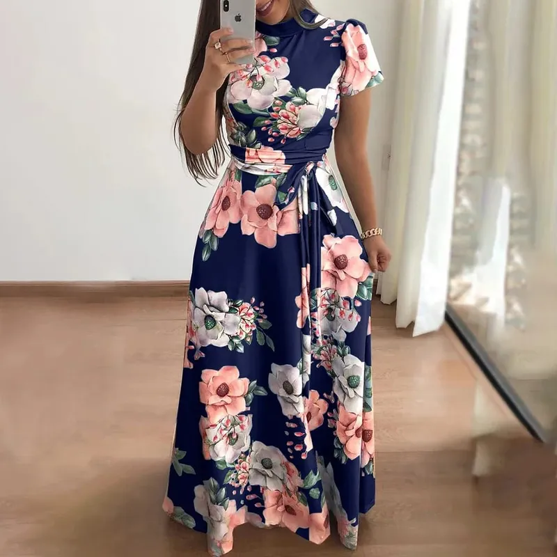 Women's Floral Print Summer Dress - 2025 New Boho A-Line Swing Dress with Short Sleeves High Waist Flowy Maxi Dress for Beach & — image 1