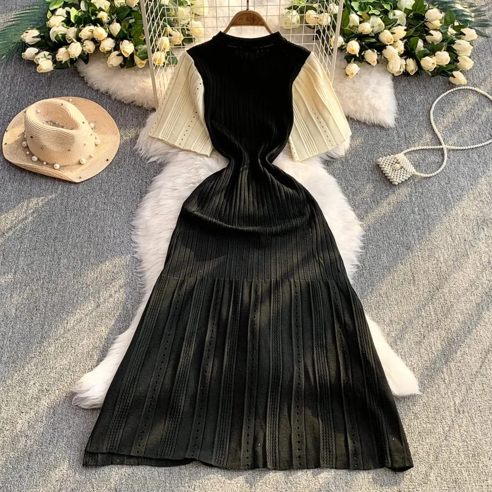 YuooMuoo ชุดสตรี 2026 ฤดูใบไม้ผลิและฤดูร้อน Elegant Patchwork One ชิ้นถักชุด Maxi Office Lady Slim เอวเสื้อกันหนาวชุด — image 6