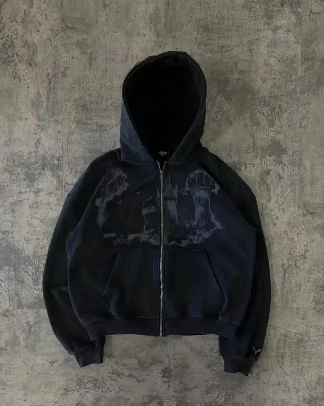 Mens Zip Up Hoodie สีน้ำเงินเข้มปีกพิมพ์กราฟิกที่ไม่ซ้ำกัน Y2K Streetwear American Urban เสื้อสวมหัวเสื้อผ้าเยาวชน Hooded Sweatshirt