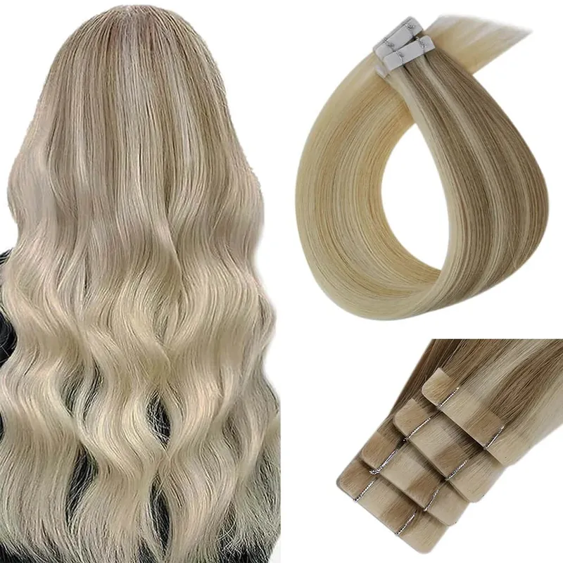 Moresoo Injection Tape Hair Extensions Ash Blonde Highlight Virgin Hair Natural Straight Brazilian Tape in Human Hair Extension