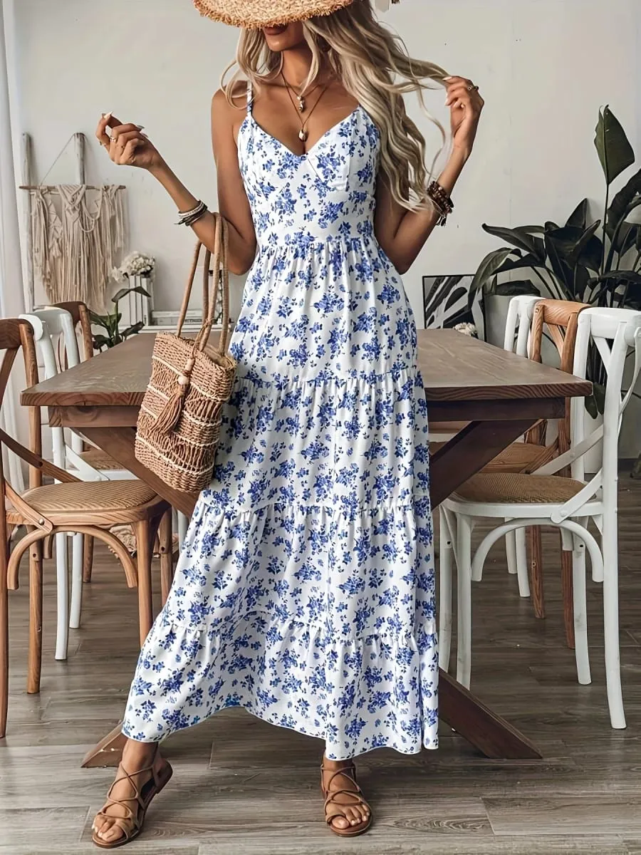 Women's Blue Floral Print Maxi Dress V-Neck Spaghetti Strap Backless Bow Tie Tiered Long Dress 2026 Summer Casual Beach Sundress