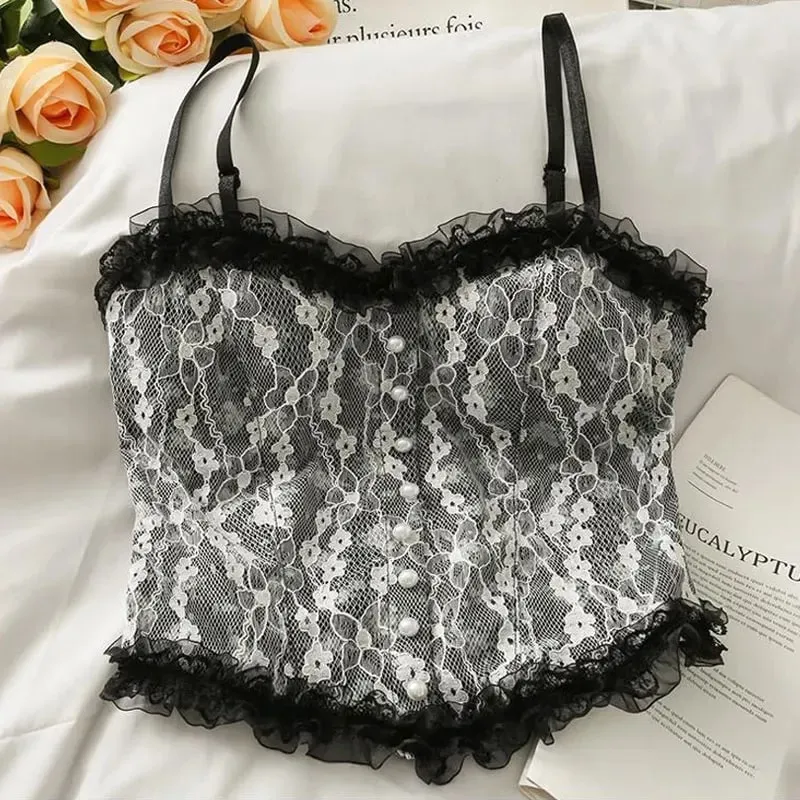 Summer Print Lace Crop Tops Women's Cropped Aesthetic Vest Y2K Corset Tank Top Camisole Vintage Tanks Camis Fashion Streetwear