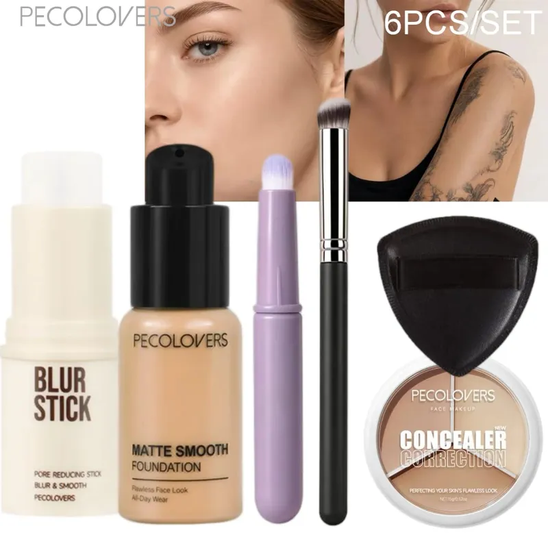 6PCS/SET Waterproof Full Coverage Concealer Foundation Primer Stick Concealer Palette Puff Brush Moisturizing Face Concealer