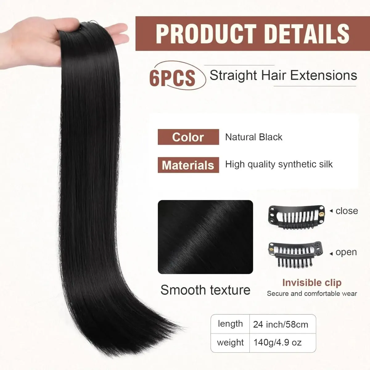 6Pieces/Set Clips in Hair Extensions 24 Inch Synthetic Long Straight Extensions for Women Hairpiece