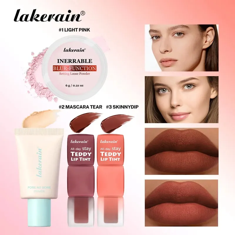 4pcs/set Pore No More Primer + Lip Tint + Loose Setting Powder Makeup Set Matte Long-Lasting Waterproof Effect Travel Portable — image 7